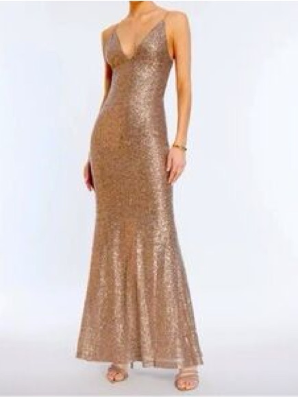Bcbgmaxazria Rose Gold Sequin Backless Slip Gown